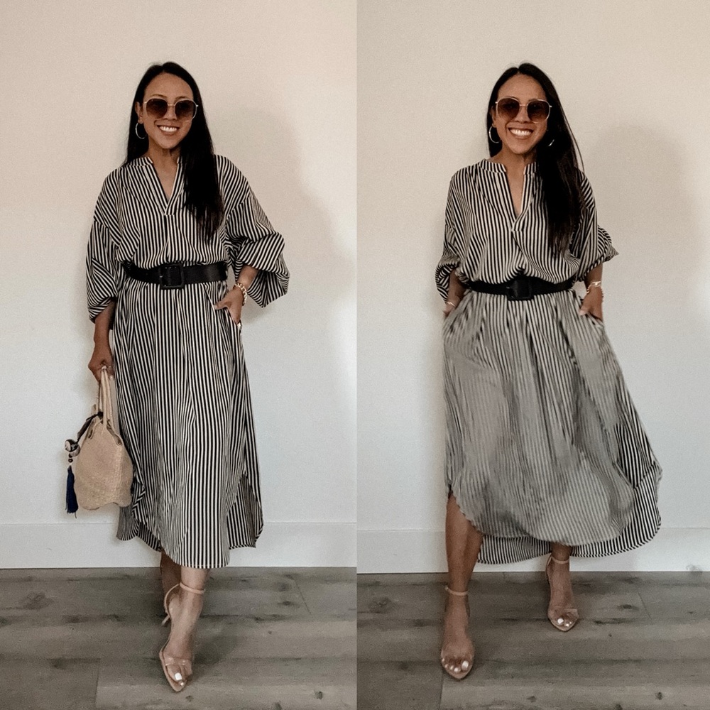 Black/White Striped Pocketed Belted Dress (XS, S)